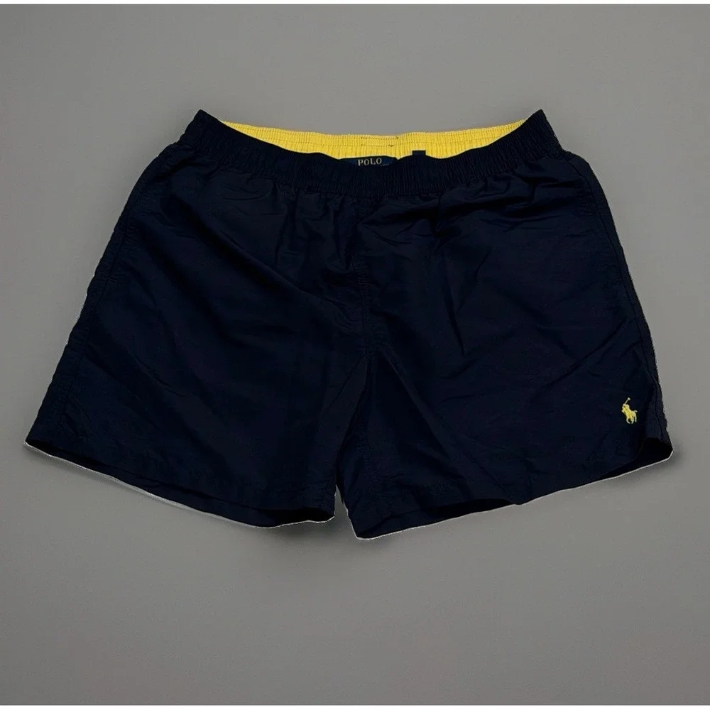 Polo Ralph Lauren Men's XL Navy Blue Yellow Pony Lined Swimming Trunks Pockets